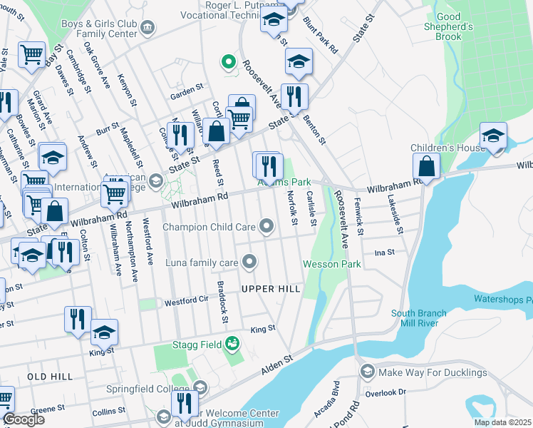 map of restaurants, bars, coffee shops, grocery stores, and more near 66 Suffolk Street in Springfield