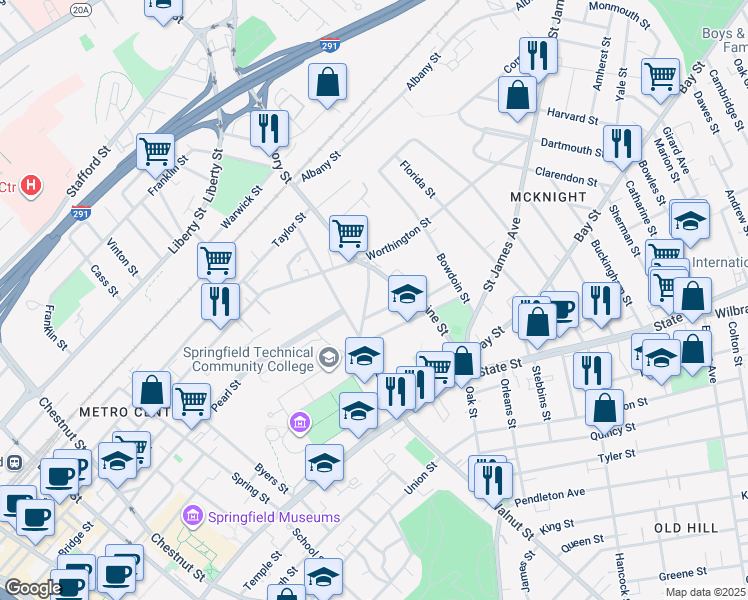 map of restaurants, bars, coffee shops, grocery stores, and more near 40 Lincoln Street in Springfield