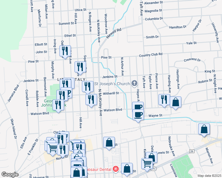 map of restaurants, bars, coffee shops, grocery stores, and more near 123 North Roosevelt Avenue in Endicott