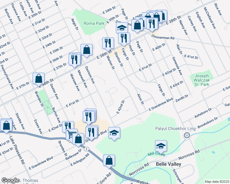 map of restaurants, bars, coffee shops, grocery stores, and more near 4130 Wood Hills Drive in Erie