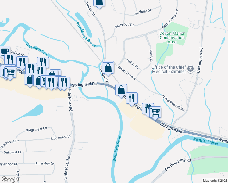 map of restaurants, bars, coffee shops, grocery stores, and more near 65 Springfield Road in Westfield