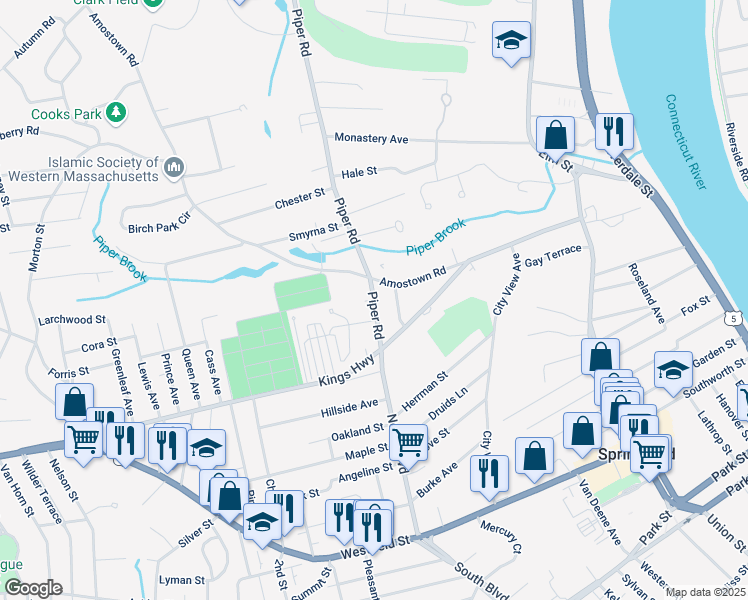 map of restaurants, bars, coffee shops, grocery stores, and more near 23 Piper Road in West Springfield