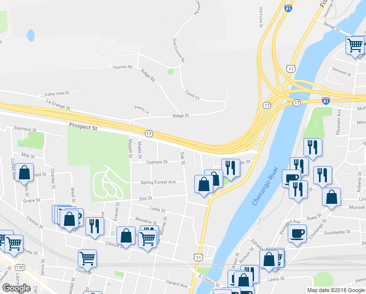 map of restaurants, bars, coffee shops, grocery stores, and more near 76 Prospect Street in Binghamton