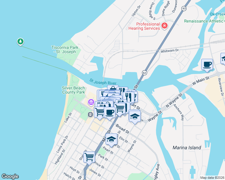 map of restaurants, bars, coffee shops, grocery stores, and more near 100 State Street in St. Joseph