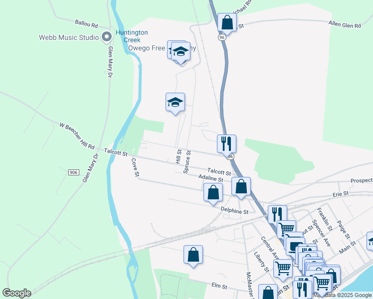 map of restaurants, bars, coffee shops, grocery stores, and more near 1 Sheldon Guile Boulevard in Owego