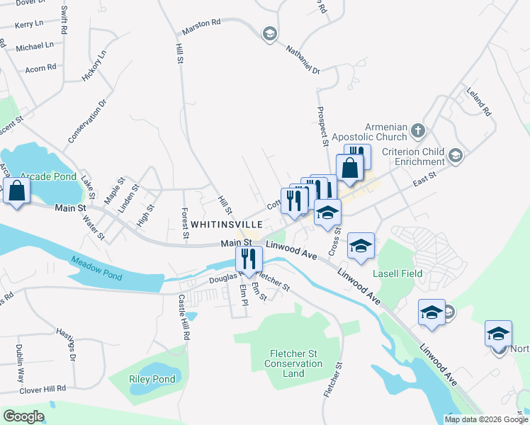 map of restaurants, bars, coffee shops, grocery stores, and more near 24 Cottage Street in Northbridge