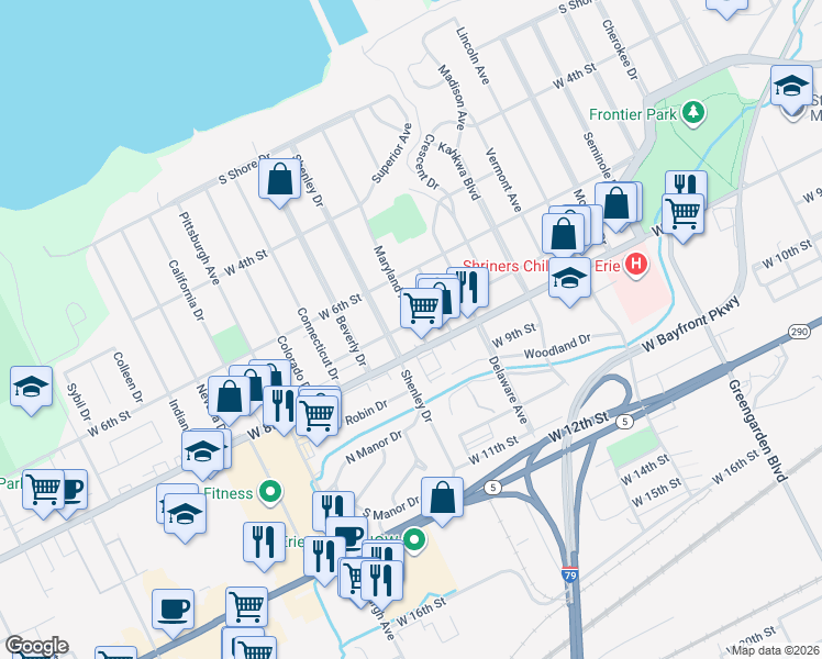 map of restaurants, bars, coffee shops, grocery stores, and more near 2003 Oxford Street in Erie
