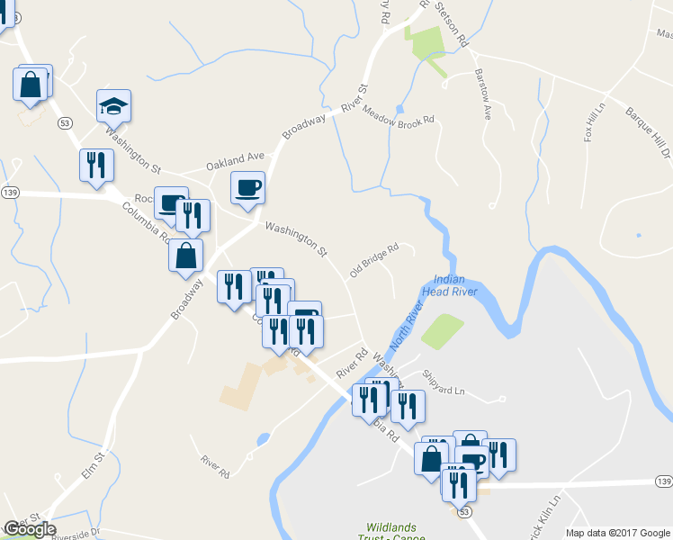 map of restaurants, bars, coffee shops, grocery stores, and more near 111 Washington Street in Hanover