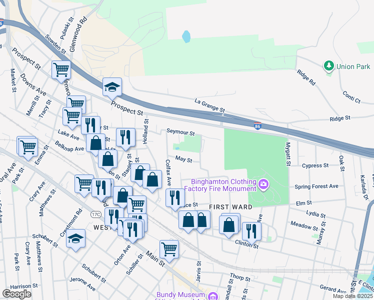 map of restaurants, bars, coffee shops, grocery stores, and more near 25 Seymour Street in Binghamton