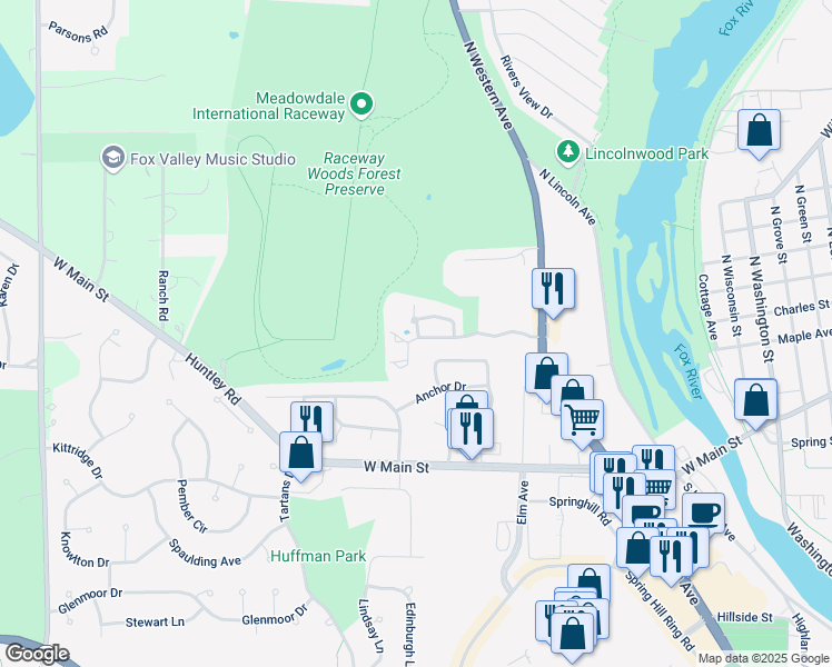 map of restaurants, bars, coffee shops, grocery stores, and more near 144 Spring Court North in Carpentersville
