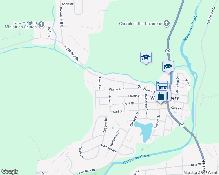 map of restaurants, bars, coffee shops, grocery stores, and more near 900 Wallace Street in Endicott