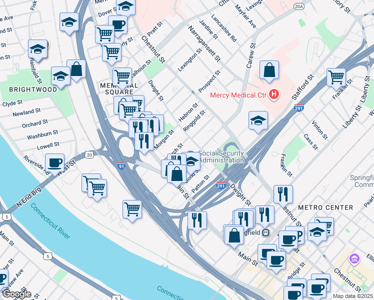 map of restaurants, bars, coffee shops, grocery stores, and more near 1071 Dwight Street in Springfield