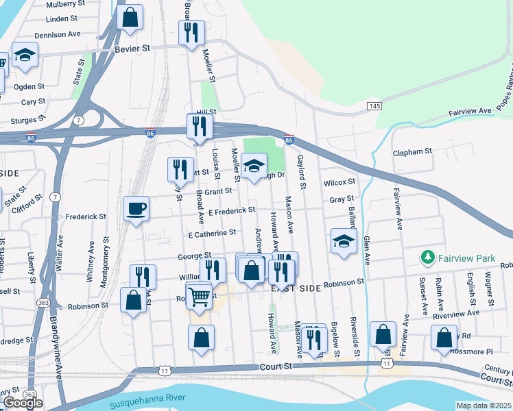 map of restaurants, bars, coffee shops, grocery stores, and more near 167 East Frederick Street in Binghamton