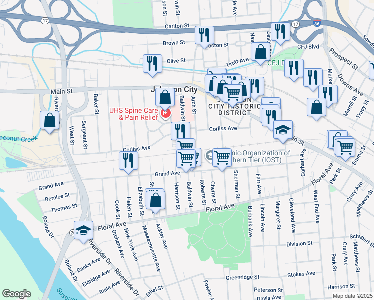 map of restaurants, bars, coffee shops, grocery stores, and more near 122 Baldwin Street in Johnson City