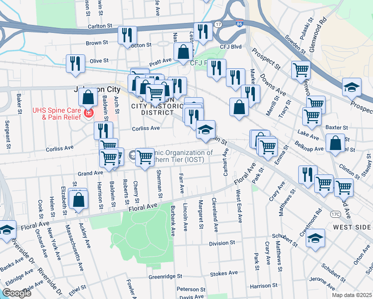 map of restaurants, bars, coffee shops, grocery stores, and more near 43 Endicott Avenue in Johnson City