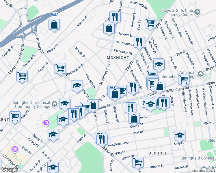 map of restaurants, bars, coffee shops, grocery stores, and more near 94 Thompson Street in Springfield
