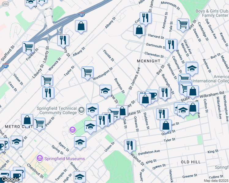 map of restaurants, bars, coffee shops, grocery stores, and more near 62 Bowdoin Street in Springfield
