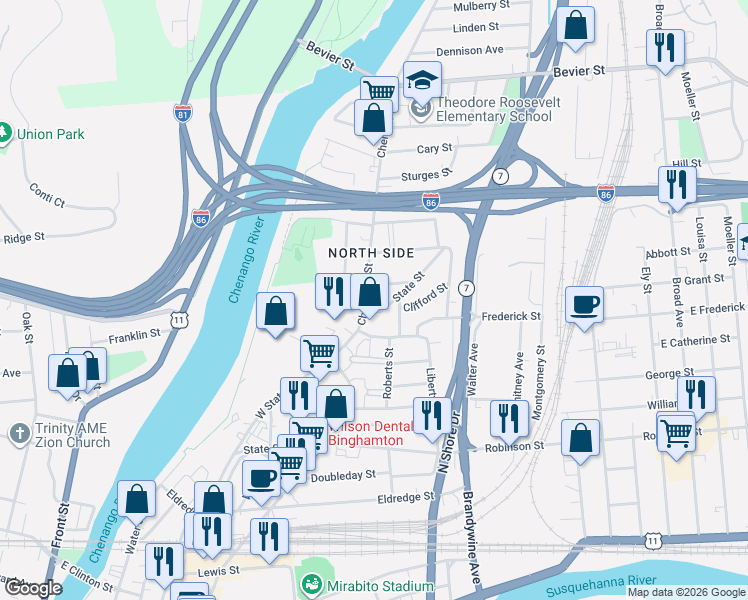 map of restaurants, bars, coffee shops, grocery stores, and more near 9 Pleasant Street in Binghamton
