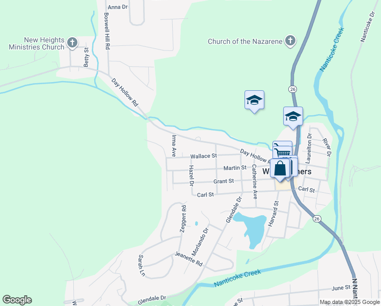 map of restaurants, bars, coffee shops, grocery stores, and more near 801-899 County Road 60 in Endicott