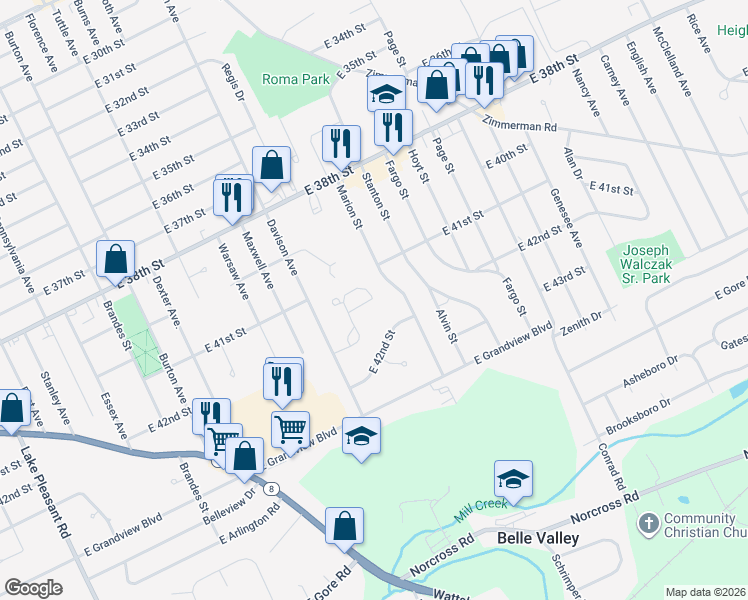 map of restaurants, bars, coffee shops, grocery stores, and more near 4116-4120 Marion Street in Erie