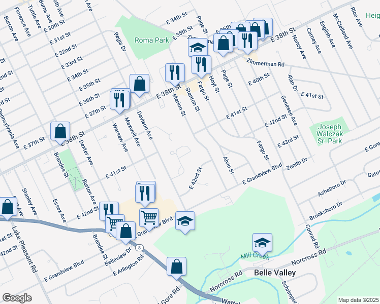 map of restaurants, bars, coffee shops, grocery stores, and more near 4116-4120 Marion Street in Erie