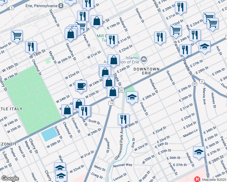 map of restaurants, bars, coffee shops, grocery stores, and more near 2504 State Street in Erie