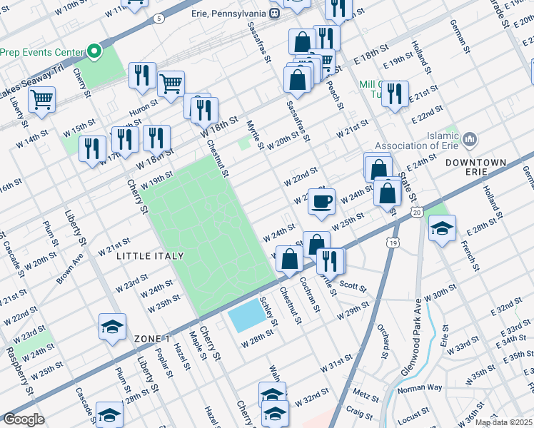 map of restaurants, bars, coffee shops, grocery stores, and more near 344 West 22nd Street in Erie