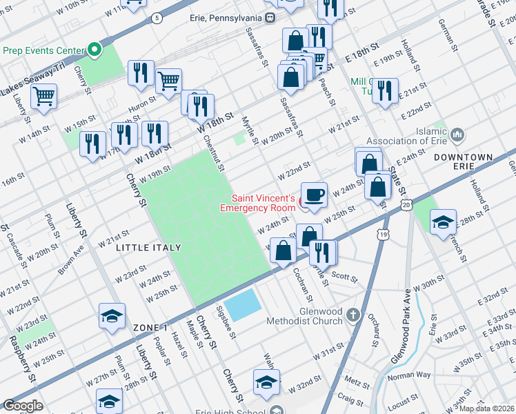 map of restaurants, bars, coffee shops, grocery stores, and more near 344 West 22nd Street in Erie