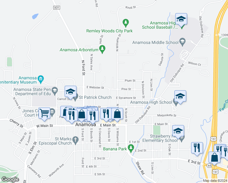 map of restaurants, bars, coffee shops, grocery stores, and more near 104 Pine Street in Anamosa