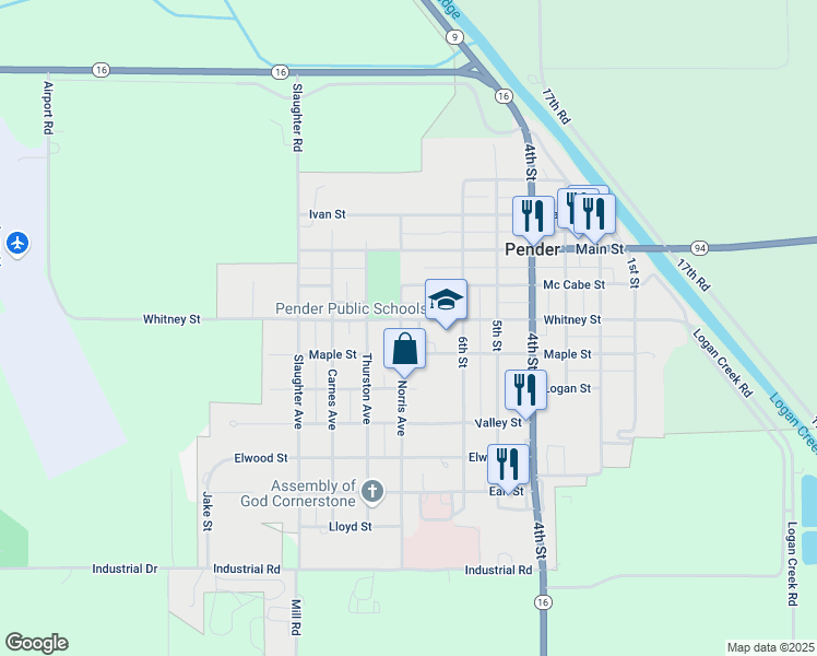 map of restaurants, bars, coffee shops, grocery stores, and more near Thurston Avenue in Pender