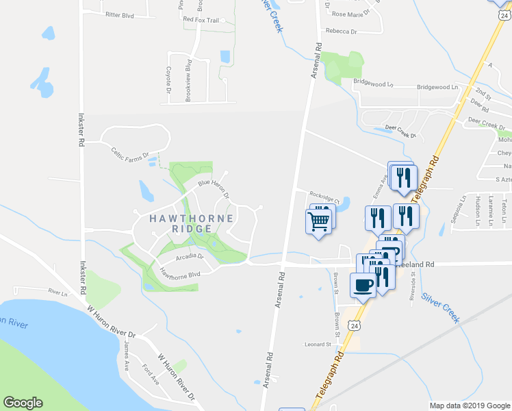 map of restaurants, bars, coffee shops, grocery stores, and more near 26582 Ashtonbury Court in Flat Rock
