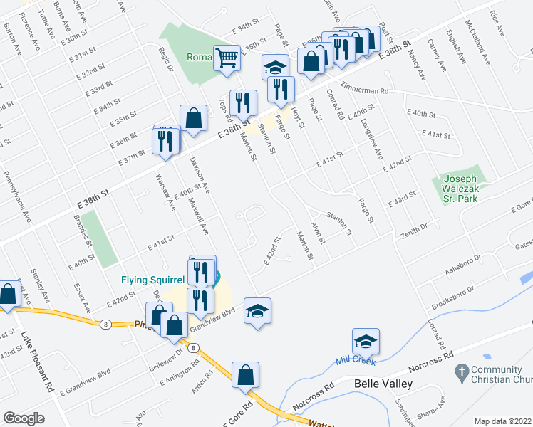 map of restaurants, bars, coffee shops, grocery stores, and more near 4116-4120 Marion Street in Erie