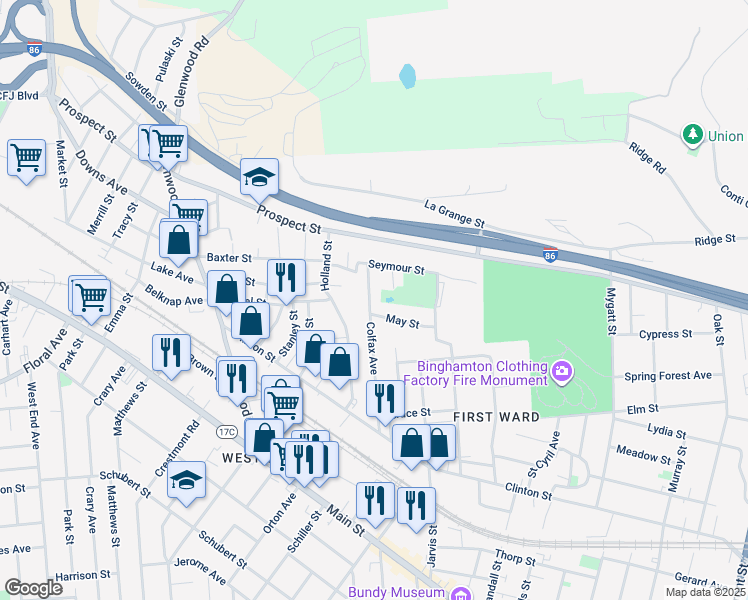 map of restaurants, bars, coffee shops, grocery stores, and more near 60 Colfax Avenue in Binghamton