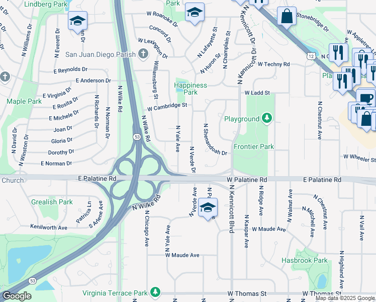 map of restaurants, bars, coffee shops, grocery stores, and more near 2002 West Richmond Street in Arlington Heights
