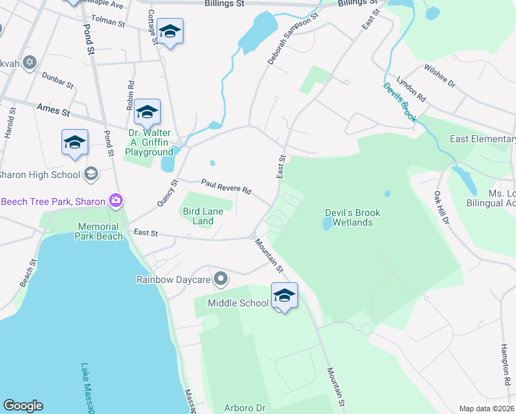 map of restaurants, bars, coffee shops, grocery stores, and more near 22 Paul Revere Road in Sharon