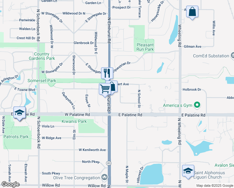 map of restaurants, bars, coffee shops, grocery stores, and more near 810 North Maple Street in Prospect Heights