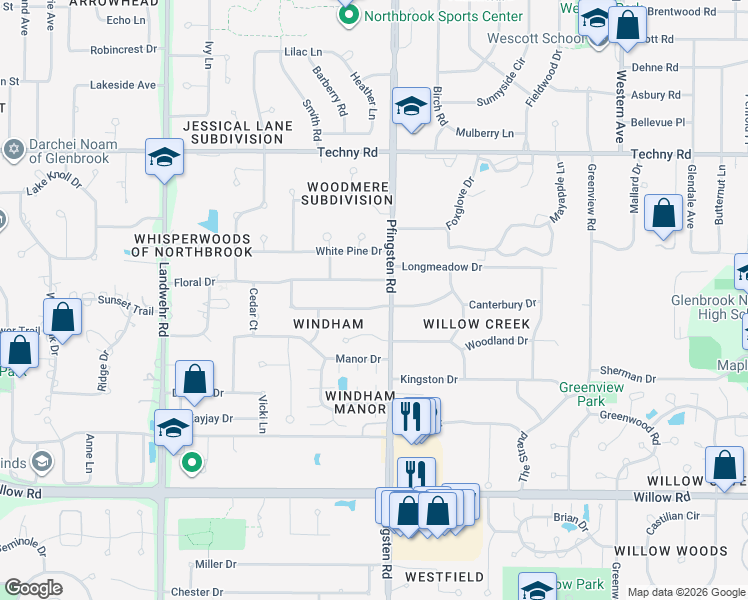map of restaurants, bars, coffee shops, grocery stores, and more near 2801 Floral Drive in Northbrook