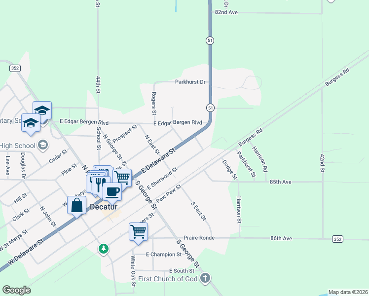 map of restaurants, bars, coffee shops, grocery stores, and more near 315 East Delaware Street in Decatur