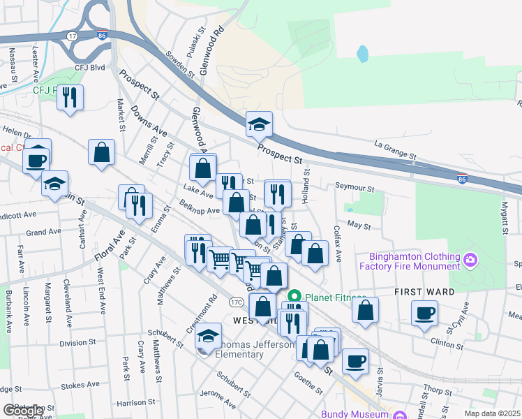 map of restaurants, bars, coffee shops, grocery stores, and more near 21 Hazel Street in Binghamton