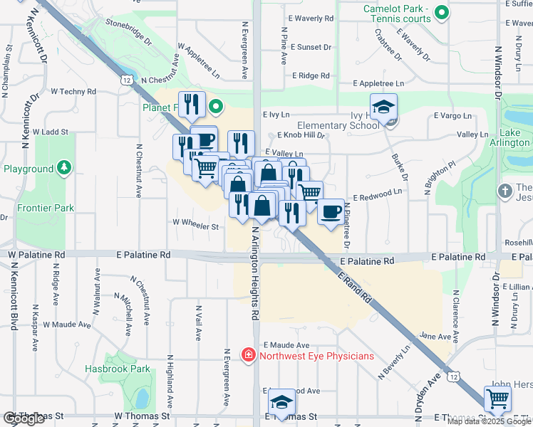 map of restaurants, bars, coffee shops, grocery stores, and more near 155 East Rand Road in Arlington Heights