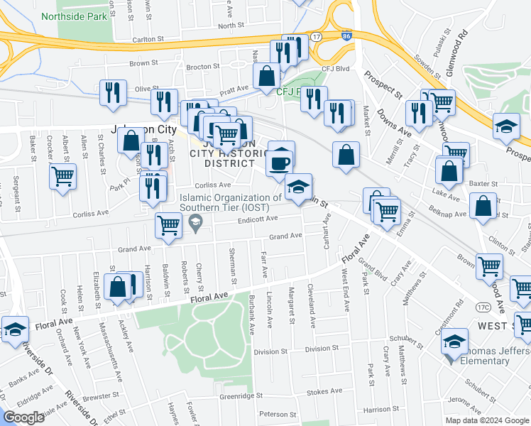 map of restaurants, bars, coffee shops, grocery stores, and more near 51 Endicott Avenue in Johnson City