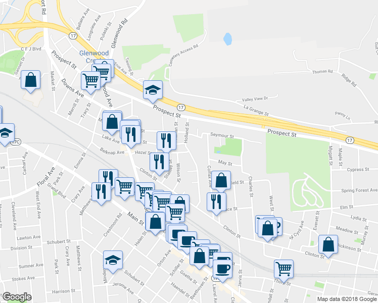 map of restaurants, bars, coffee shops, grocery stores, and more near Holland St & Hazel St in Binghamton