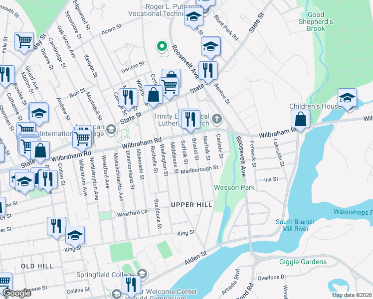 map of restaurants, bars, coffee shops, grocery stores, and more near 337-339 Wilbraham Road in Springfield
