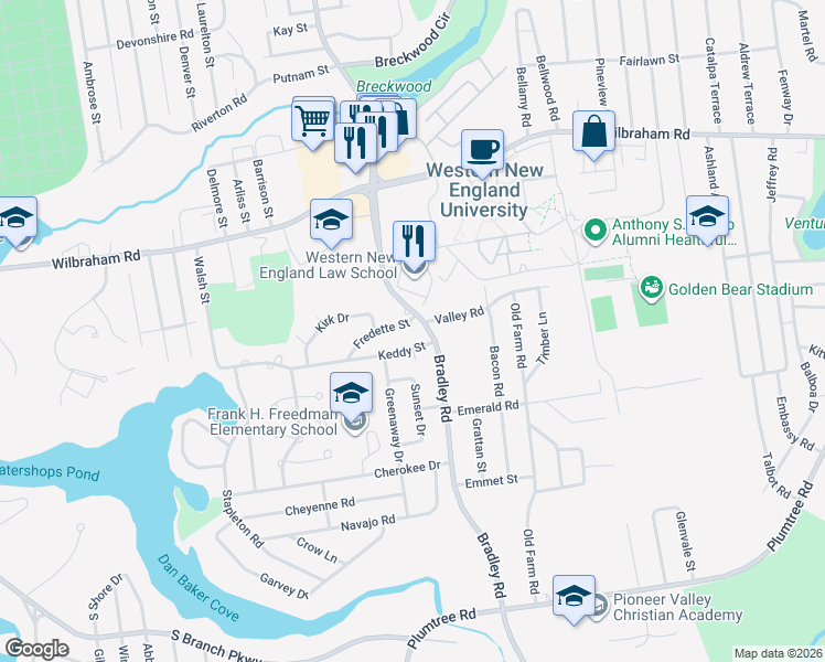 map of restaurants, bars, coffee shops, grocery stores, and more near 649 Bradley Road in Springfield