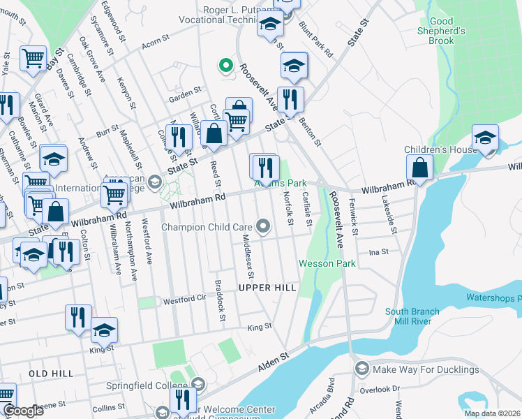 map of restaurants, bars, coffee shops, grocery stores, and more near 337-339 Wilbraham Road in Springfield