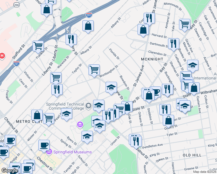 map of restaurants, bars, coffee shops, grocery stores, and more near 139 Magazine Street in Springfield