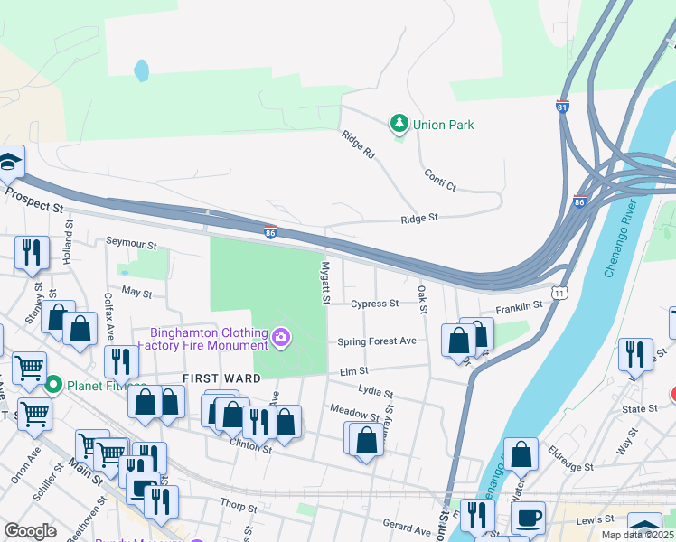 map of restaurants, bars, coffee shops, grocery stores, and more near 116-194 Prospect Street in Binghamton