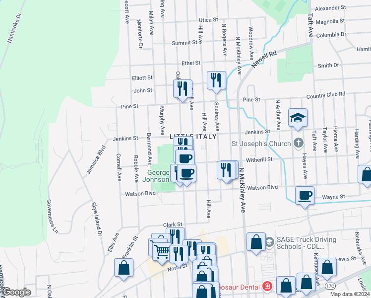 map of restaurants, bars, coffee shops, grocery stores, and more near 226 Oak Hill Avenue in Endicott