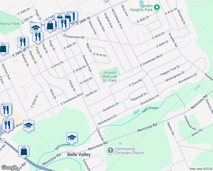 map of restaurants, bars, coffee shops, grocery stores, and more near 2186 Foxboro Court in Erie