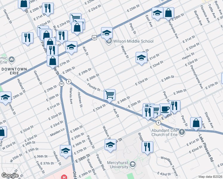 map of restaurants, bars, coffee shops, grocery stores, and more near 618 East 32nd Street in Erie